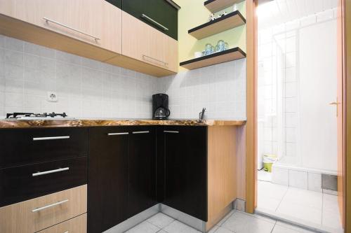 スコシャンにあるApartments and rooms with a swimming pool Sukosan, Zadar - 5906の黒いキャビネットとシンクのあるキッチン
