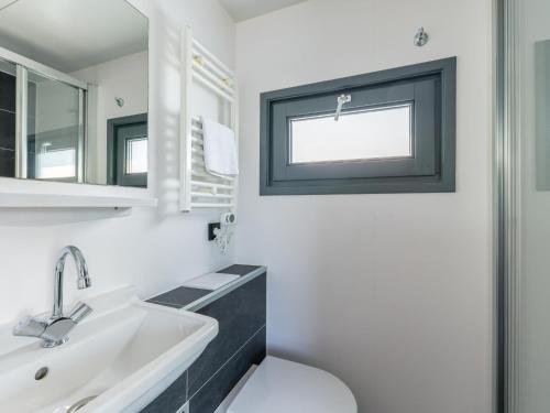 UitgeestにあるTiny houseboat Uitgeest Iの洗面台と鏡のある白いバスルーム