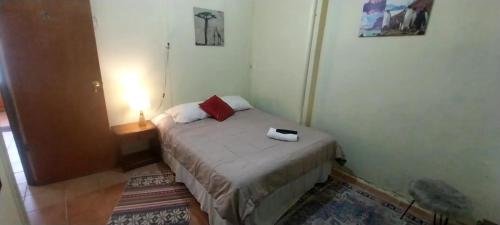 a small bedroom with a bed in a room with a lamp at Patagonia Mágica in Punta Arenas