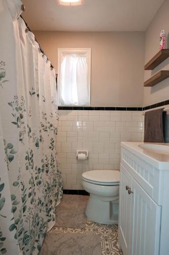 a bathroom with a toilet and a shower curtain at The Bulldog Farmhouse - 100 year old home in Athens