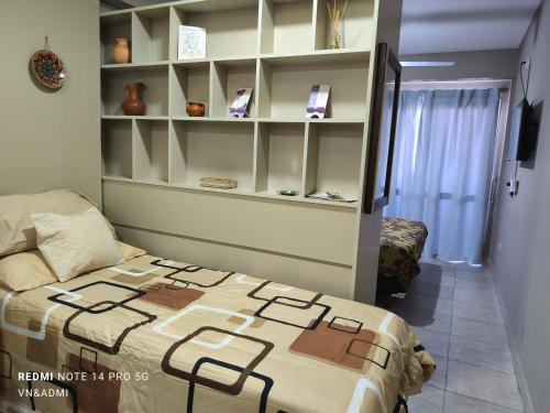 a bedroom with a bed in a room with shelves at Alquiler Temporario Tucumán Con Cochera Y Pileta in San Miguel de Tucumán