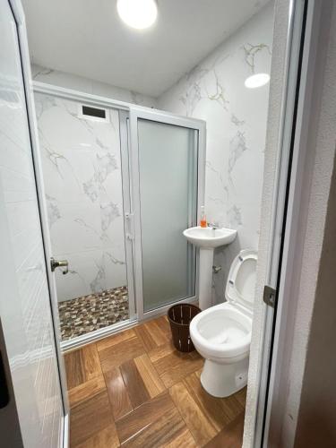 a bathroom with a shower and a toilet and a sink at Casa Lolita in San Juan La Laguna