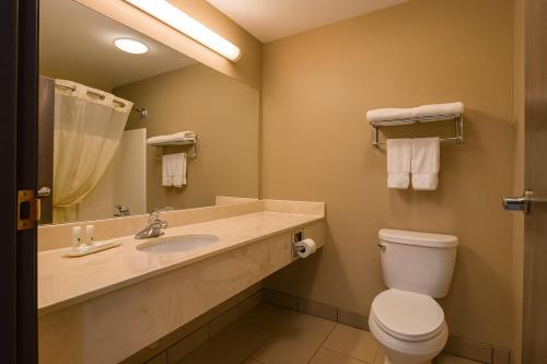 a bathroom with a toilet and a sink and a mirror at Stay USA Hotel and Suites in Hot Springs