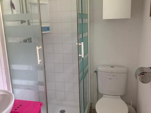 une salle de bains avec douche, toilettes et lavabo dans l'établissement Maisonnette charmante - Proche plage et commerces - FR-1-482-161, à Royon