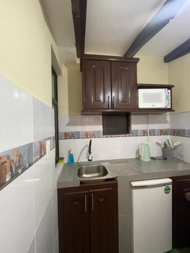 a small kitchen with wooden cabinets and a sink at Casa Corp 4 in Sucre