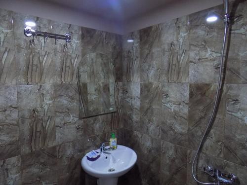 a bathroom with a sink and a shower at Hotel New Star in Akhaltsikhe