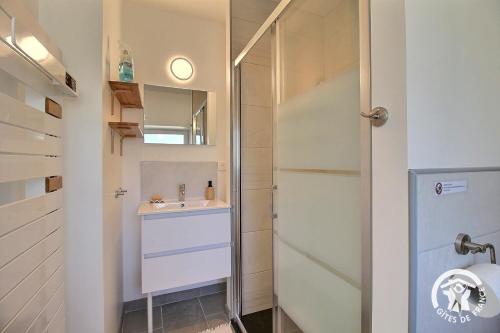 een badkamer met een wastafel en een spiegel bij Rumedon in Ploumilliau