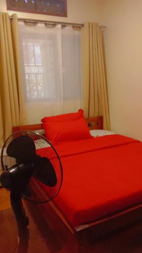 een slaapkamer met een rood bed met een ventilator erop bij Home sweet Home in Entebbe