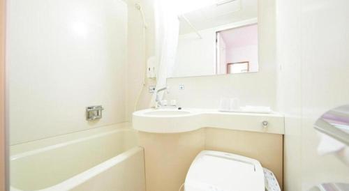 a bathroom with a sink and a toilet and a mirror at Inuyama Central Hotel in Haguro