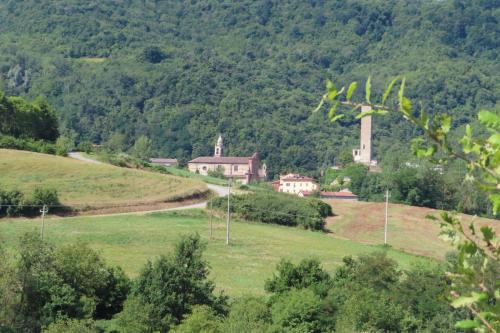 a village on a grassy hill with a church at Casetta delle rose in Bormida