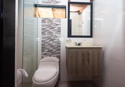 ein Badezimmer mit Toilette, Waschbecken und Spiegel in der Unterkunft Finca Hotel Santo Tomas Campestre in Rionegro