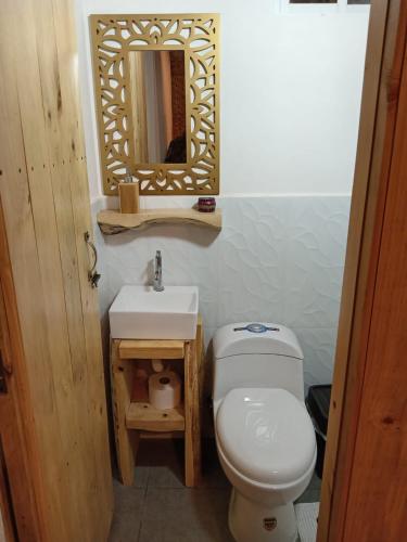 a bathroom with a toilet and a sink and a mirror at Sigchos Lodge in Sigchos