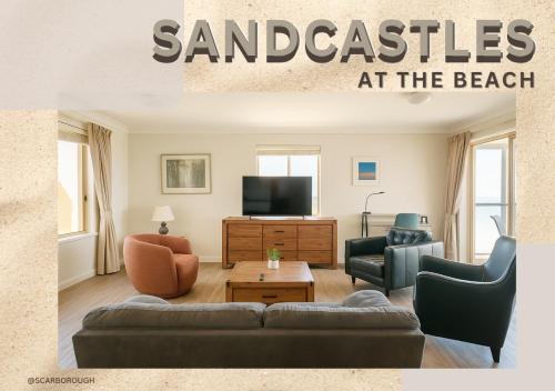 a living room with a couch and chairs and a tv at Sandcastles At The Beach Outstanding Location! in Perth