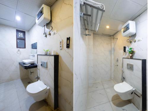 two pictures of a bathroom with a toilet and a shower at Hotel The Tark Premium Aerocity-FREE Airport Drop 