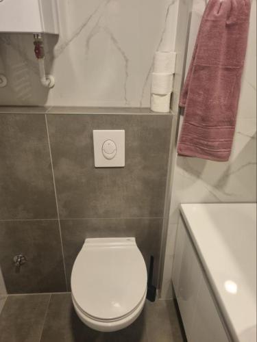 a bathroom with a white toilet and a sink at Apartman Sunce in Zenica