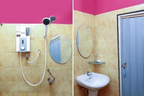 two pictures of a bathroom with a shower and a sink at OYO 89892 Hotel Jeli Inn in Kampong Bukit Susun