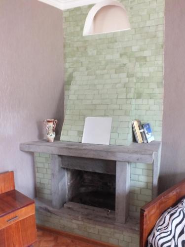 a fireplace in a room with a green brick wall at Guest House Khatuna in Borjomi