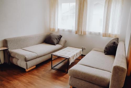 uma sala de estar com um sofá e uma mesa de centro em Das Haus am Waldsee em Maishofen
