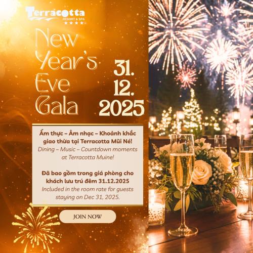 a flyer for a new years eve celebration with champagne glasses at Terracotta Resort & Spa in Mui Ne
