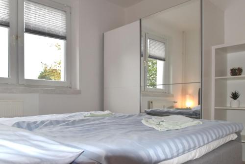 a bedroom with a bed with a large mirror at GUWO Gästewohnungen Kaltenborner Straße 156 in Kaltenborn