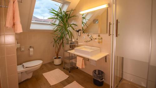 a bathroom with a sink and a toilet and a plant at Hotel Fausel in Göppingen