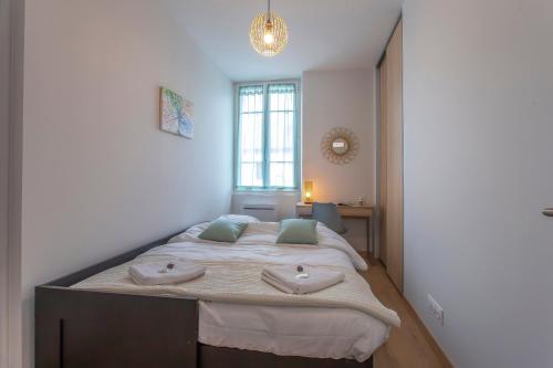 ein Schlafzimmer mit einem großen Bett mit Handtüchern darauf in der Unterkunft Appartement 2 chambres au coeur de Chambery in Chambéry