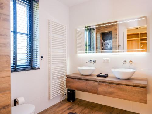 two sinks in a bathroom with two mirrors at Polderhuys Goede Hope in Hoofdplaat