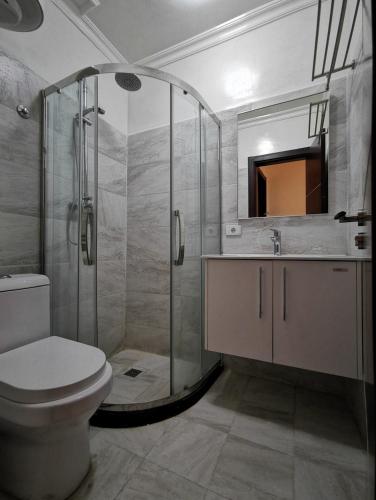 a bathroom with a shower and a toilet and a sink at Central Location, Breathtaking Views! in Addis Ababa