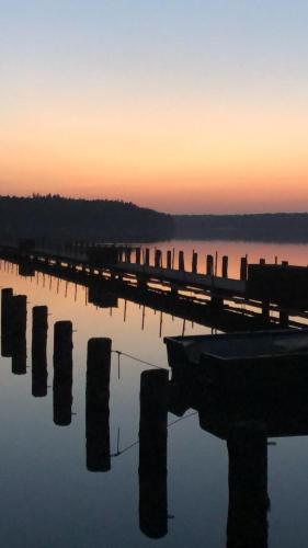 a body of water with pillars in the water at Pension Stechlinsee in Neuglobsow