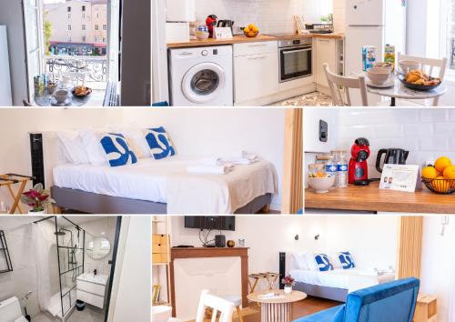 a collage of photos of a kitchen and a bedroom at Le Ptit St Pierre - Studio en Hyper Centre By Primo in Mâcon