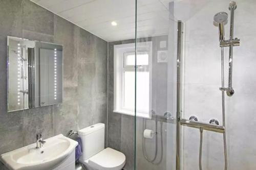 ミルフォード・オン・シーにある4 Bedroom Superior Lodge with Hot Tubのトイレ、洗面台、シャワー付きのバスルーム