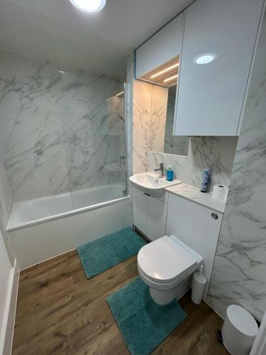 ein Badezimmer mit Toilette, Waschbecken und Badewanne in der Unterkunft Luxury 2 bed flat in Guildford in Stoughton