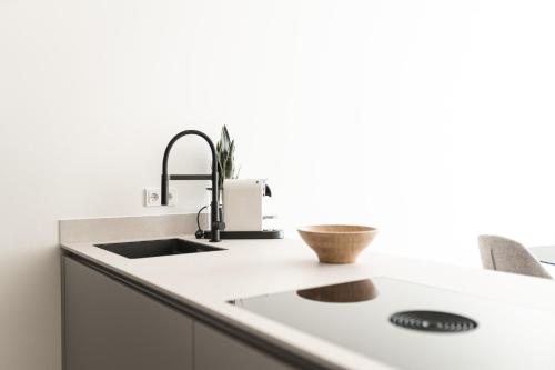 a kitchen counter with a sink and aounter at Toploft Serviced Apartments in Crailsheim