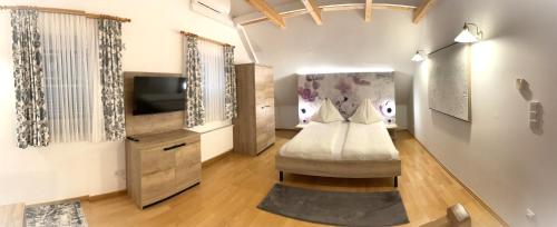 a living room with a couch and a tv at Ferienhof Uhudler-Arkaden in Stegersbach