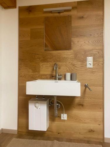 a bathroom with a sink and a wooden wall at Haus Renard in Bartholomäberg