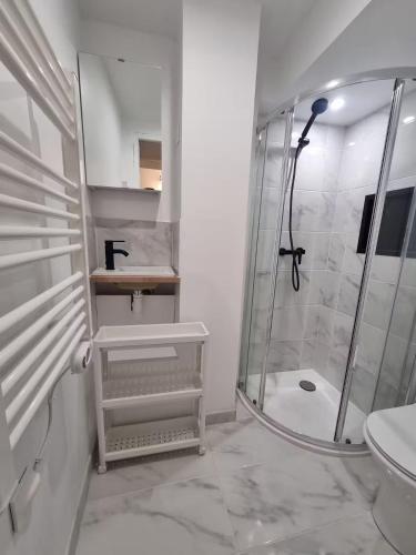Charmant Studio en Duplex في مارسيليا: حمام أبيض مع دش ومرحاض