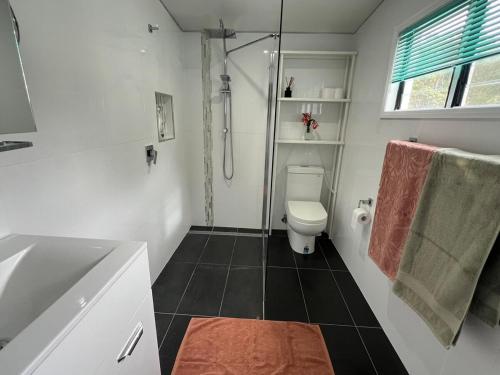 een badkamer met toilet, douche en wastafel bij Seashells of Seaforth in Seaforth