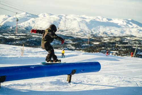una persona montando una tabla de snowboard en un carril en la nieve en Rauland Feriesenter, en Rauland