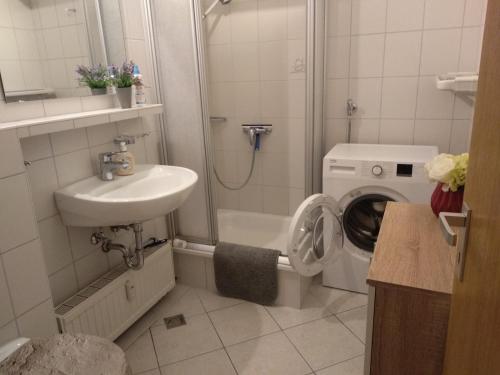 a bathroom with a sink and a washing machine at Ostsee-Ferienwohnung L150 in Brasilien