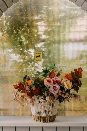 a vase of flowers in front of a window at Light house in Sombor