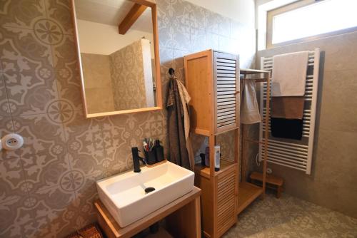 a bathroom with a sink and a mirror at Apartmán Farma Byzhradec in Dobruška