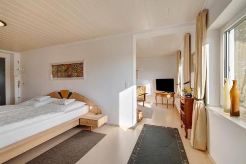 une chambre avec un grand lit et une télévision dans l'établissement Ferienwohnung Haus Amann, à Mitten