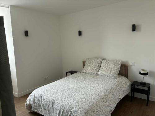 Un dormitorio con una cama con dos almohadas encima. en Appartement, en Combronde