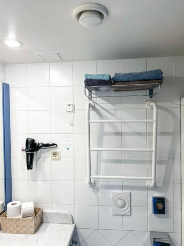 een badkamer met twee rekken aan de muur van een douche bij Loft Old Town in Tallinn