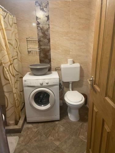 a bathroom with a washing machine and a toilet at Csilla Apartman in Makó