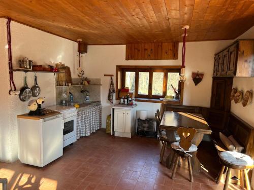 a kitchen with a counter and a table in it at Cascina Pian dei Grilli, un paradiso nel Parco delle Capanne di Marcarolo in Casaleggio Boiro