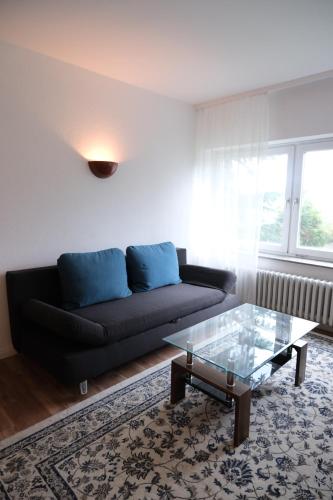 a living room with a black couch and a glass table at Panoramablick vom Rodenberg in Rodenberg