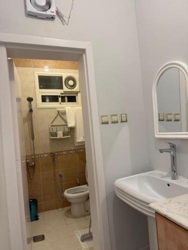 a bathroom with a toilet and a sink and a mirror at ريحانة الورود للشقق المخدومة -Golden New in Khamis Mushayt