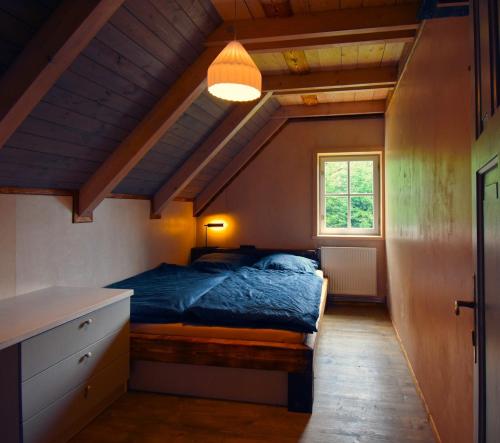 a bedroom with a bed and a window at Roubenka Studánka in Studený