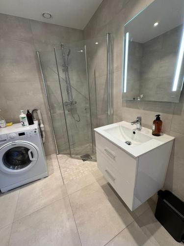 Un baño con lavadora y lavabo. en Lillestrøm , the studio flat, en Kjeller
